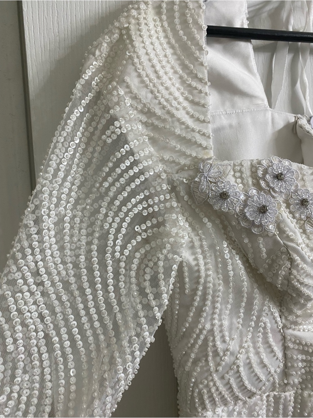 Vintage Elegant White Swirl Sequin Beaded Midi Formal Dress Long Sheer Sleeves M - Picture 12 of 16